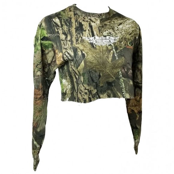 Harley Davidson Motorcycles Camouflage Camo Long Sleeve Crop Top Tee. Size Small - Picture 2 of 6